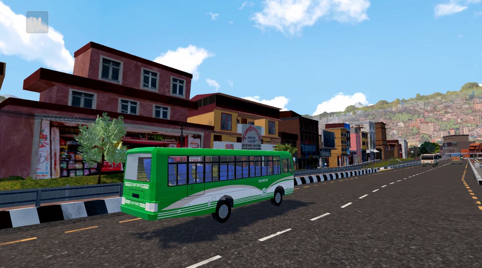Green Sajha-style city bus on a busy high street